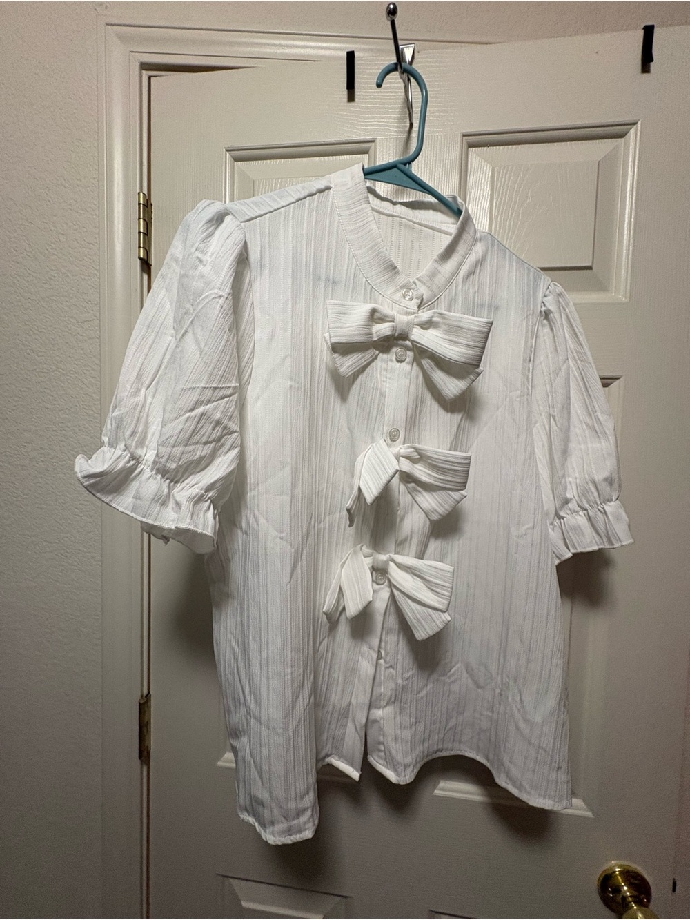 White Women's Bow-Front Puff Sleeve Shirt - Classic Top